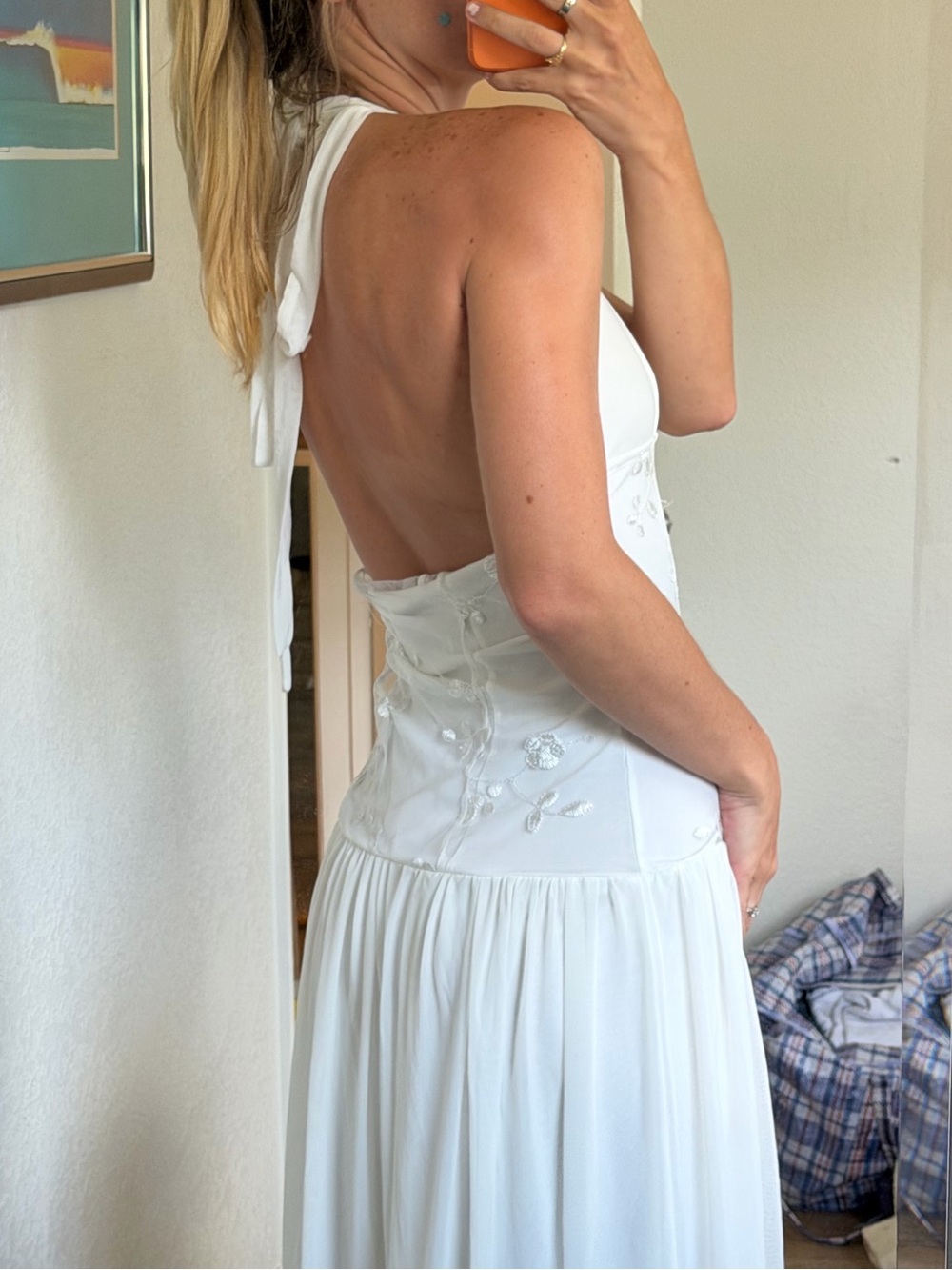 Drop waist lace White Halter Maxi Dress with Embroidered Bodice BRIDAL - Picture 4 of 7